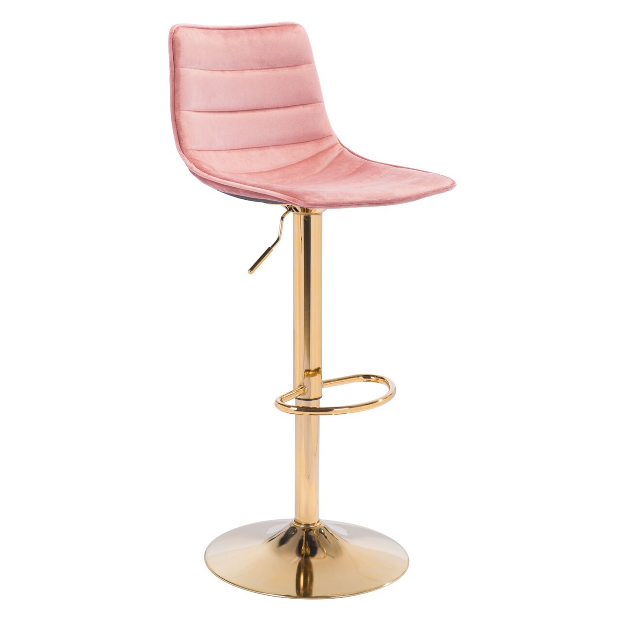 Modern Home 43.25&#x22; Pink and Gold Upholstered Adjustable Swivel Bar Chair